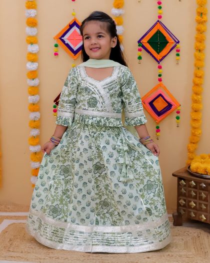 Pure cotton Printed Lehanga Choli with duppata-Green small buti