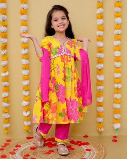 Pure Cotton Flared Floral Anarkali Suit with bottom and duppata - yellow