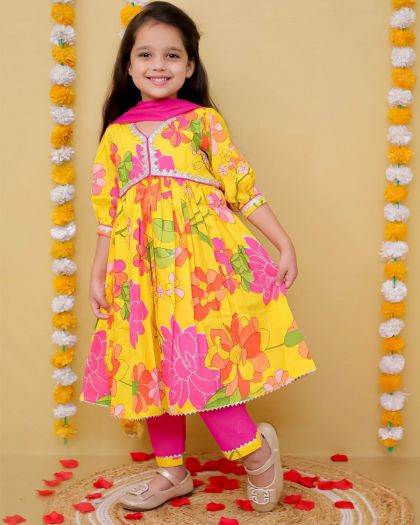 Pure Cotton Flared Floral Anarkali Suit with bottom and duppata - yellow