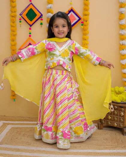 Pure cotton Printed Lehanga Choli with duppata-yellow leheriya