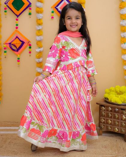 Pure cotton Printed Lehanga Choli with duppata-pink leheriya