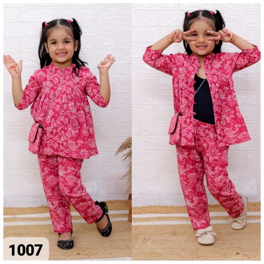 Hot Selling Pure cotton Girls 3piece cord set(Top+pant+sling bag)pink