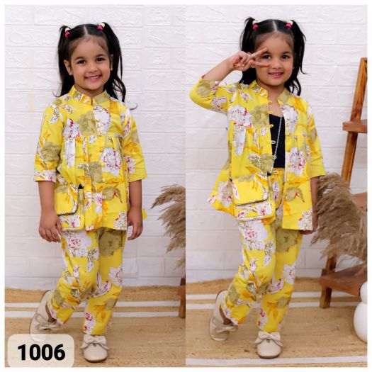 Hot Selling Pure cotton Girls 3piece cord set(Top+pant+sling bag)yellow