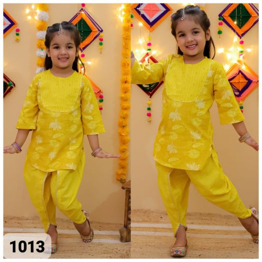 Pure Cotton Printed Kurta with dhoti set-yellow