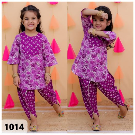 Pure Cotton Printed Kurta with dhoti set-purple