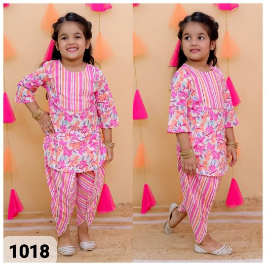 Pure Cotton Printed Kurta with dhoti set-pink