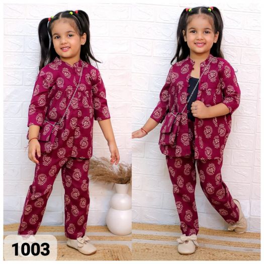 Hot Selling Pure cotton Girls 3piece cord set(Top+pant+sling bag)-maroon