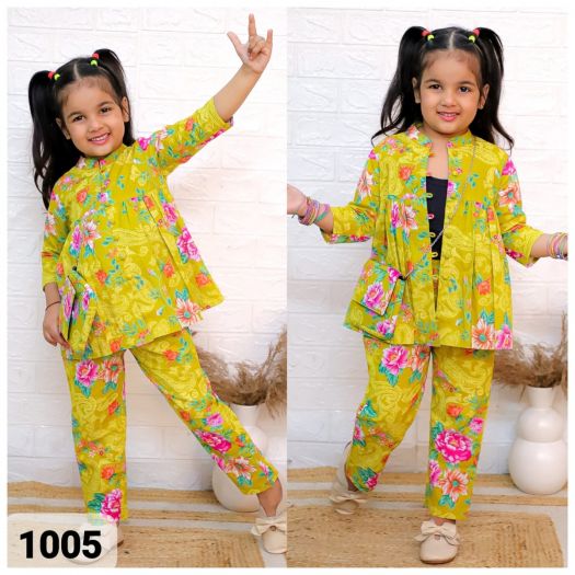 Hot Selling Pure cotton Girls 3piece cord set(Top+pant+sling bag)floralmustard