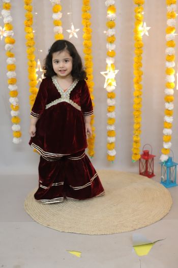 Girls velvet kurta with sharara set